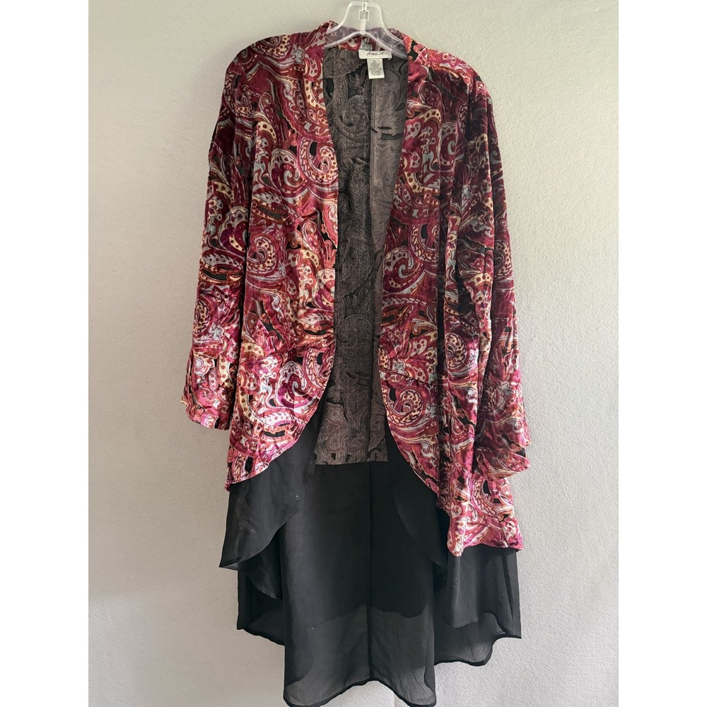 Aneo.A Kimono Jacket Womens XL Red Velvet Paisley Burnout Open Front Boho